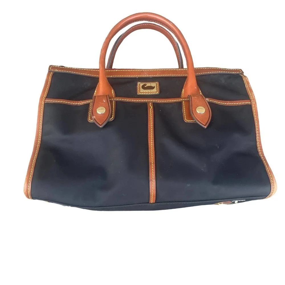 Dooney & Bourke Camden Saffiano Black Nylon Satchel w Brown Leather Trim